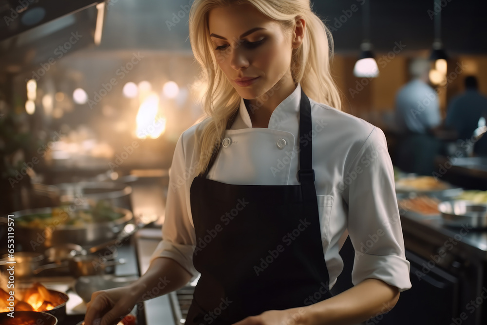 Pretty female blond chef cooking fine dining gourmet food in kitchen.