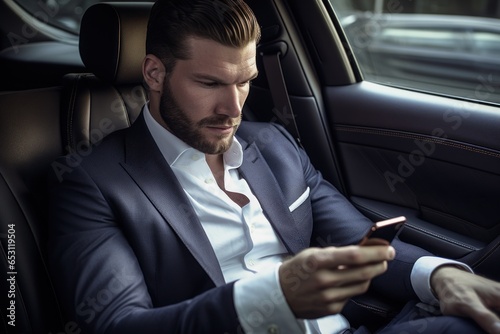 A successful businessman in a luxurious suit in his car using his smartphone © GoodandEvil