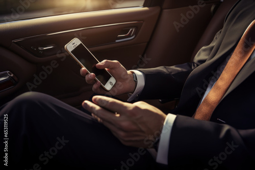 A successful businessman in a luxurious suit in his car using his smartphone