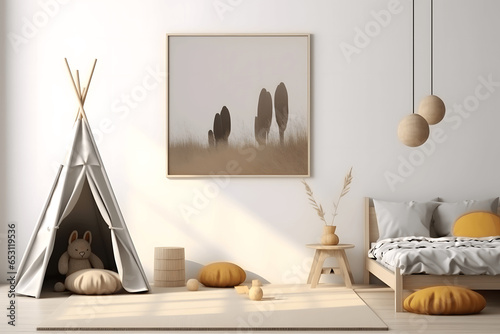 Interior of children room with white walls, wooden floor, comfortable bed with yellow pillows and a teepee. 3d render