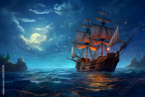 Pirate ship on the ocean at full moon background,Old Sailing ship in the sea,Expedition ship,Travelers,Sea horizon,Quiet water,Peace of mind at sea,Fantasy Night Seascape,Digital Painting.