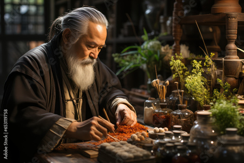 A practitioner of traditional Chinese medicine preparing herbal remedies, highlighting the ancient wisdom of holistic healing. Generative Ai. photo