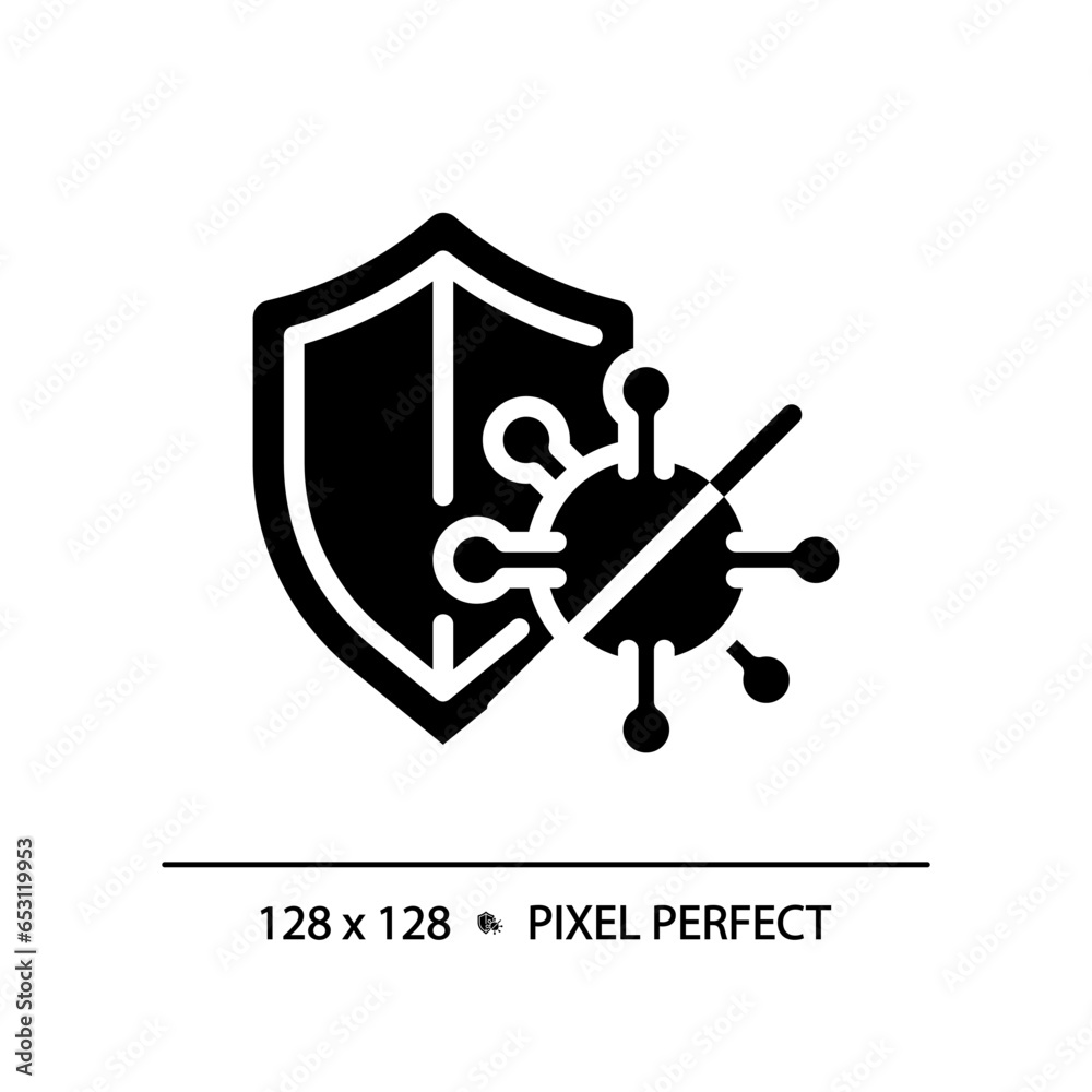 2D pixel perfect glyph style virus with shield icon, isolated vector, simple silhouette illustration representing bacteria. 2D pixel perfect glyph style virus with shield icon, isolated vector, simple silhouette illustration representing bacteria.