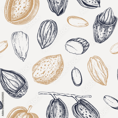 Almond sketched background. Nuts seamless pattern. Vintage branches with nuts, nutshells, almond slices sketches. Hand drawn vector illustration. Healthy food, vegan ingredients, packaging design