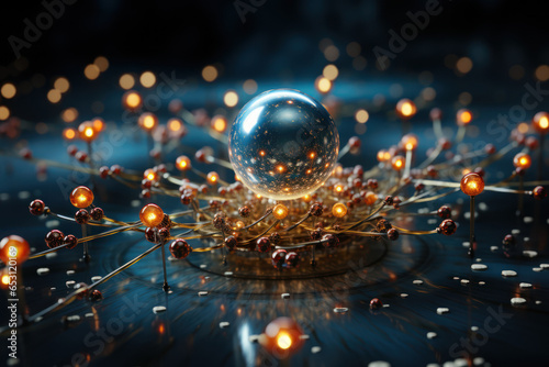 A depiction of electrons orbiting an atomic nucleus, illustrating the fundamental concept of quantum mechanics. Generative Ai. photo