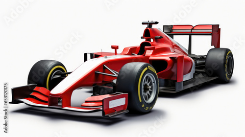 Red single-seater Formula car on a white background. © visoot