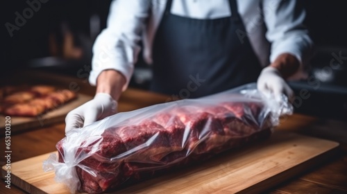 Chef holding smoked pork ribs wrapped in butcher paper by hand.