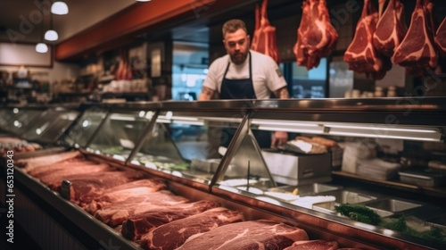 Stampa su tela Butcher shop, Showcasing a perfectly cut the steak in half within a vibrant butcher shop