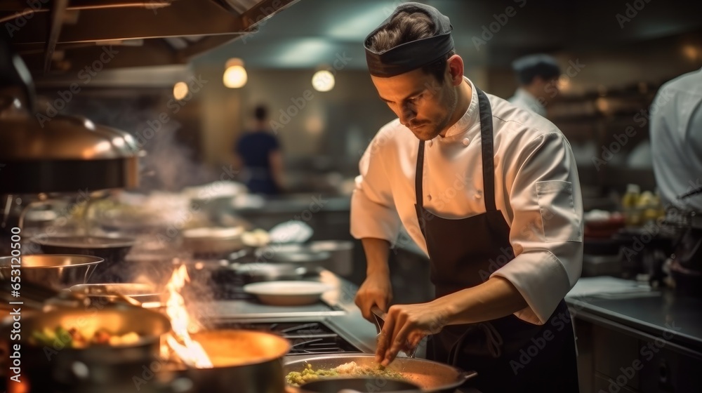 A masterful chef in the bustling environment of a high-end restaurant. A masterful chef in the bustling environment of a high-end restaurant.