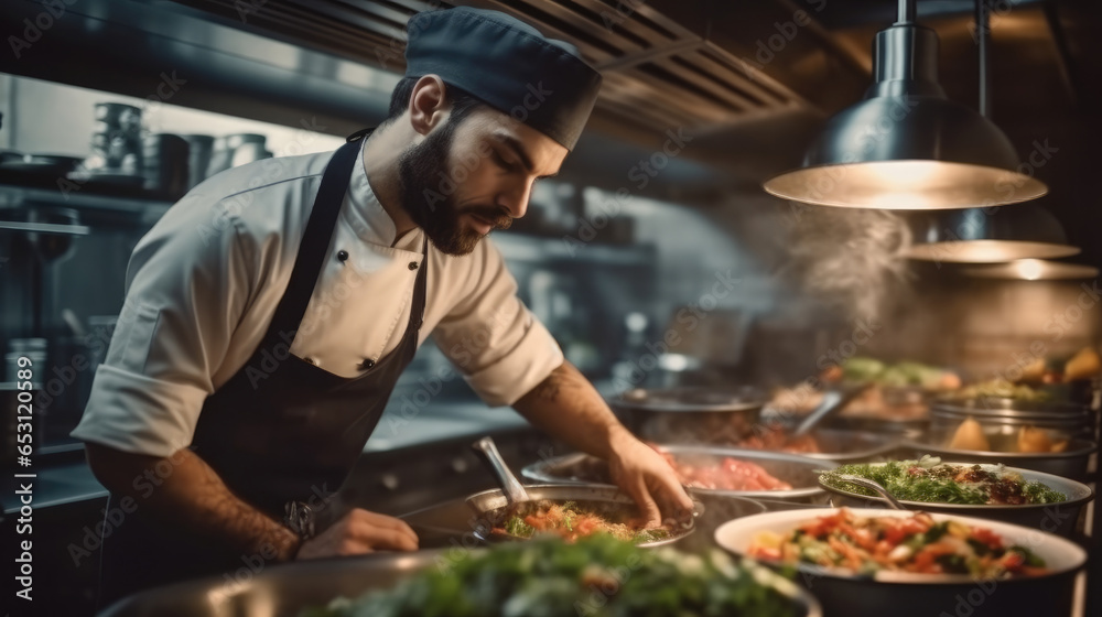 Chef preparing a gourmet dish in a restaurant kitchen. Chef preparing a gourmet dish in a restaurant kitchen.