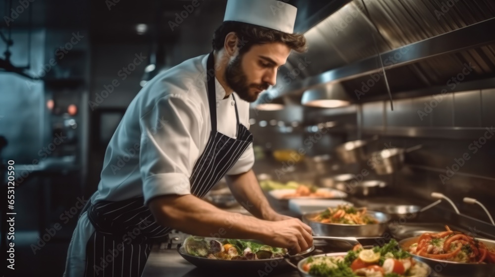 Chef preparing a gourmet dish in a restaurant kitchen.