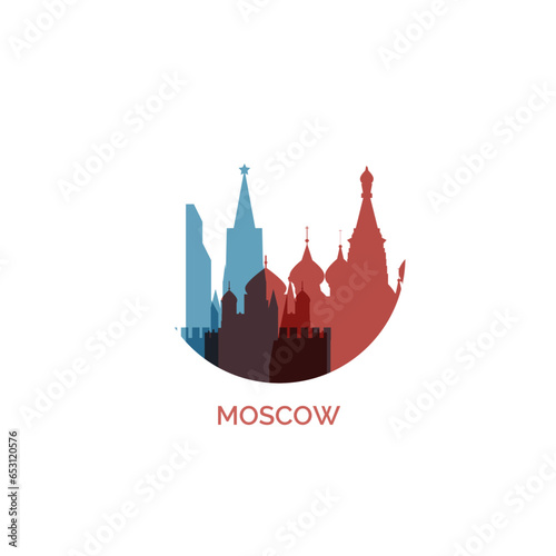 Russia Moscow city cityscape skyline capital panorama vector flat modern logo icon. Russian town emblem idea with landmarks and building silhouettes