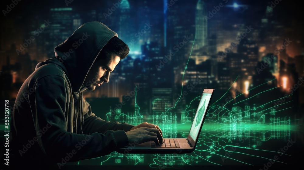 Hacker using laptop with world map background, Digital neon lights. Hacker using laptop with world map background, Digital neon lights.
