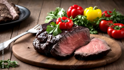 Medium rare beef with vegetables on wooden background