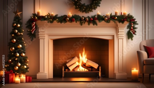 Christmas Ambiance: Candles, Fireplace, Gifts, and Decor. © Nilusha