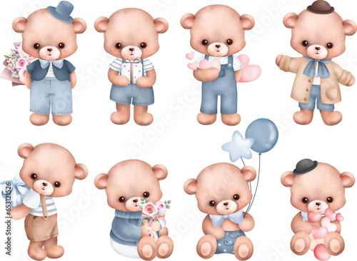 Watercolor Illustration set of cute teddy bears