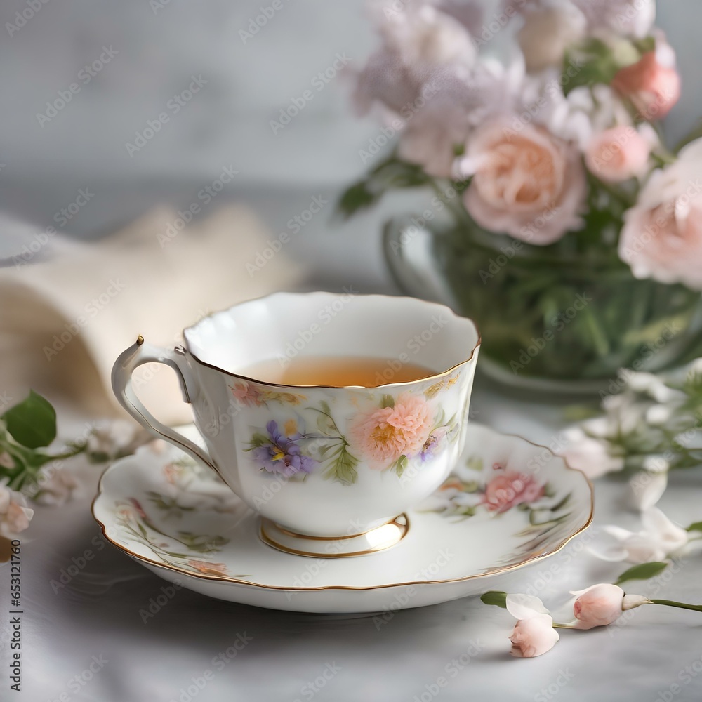 Fototapeta premium A teacup with a delicate floral pattern, steeping fragrant herbal tea2
