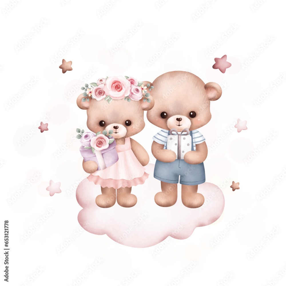 Watercolor Illustration cute couple teddy bears on the cloud23 Watercolor Illustration cute couple teddy bears on the cloud23