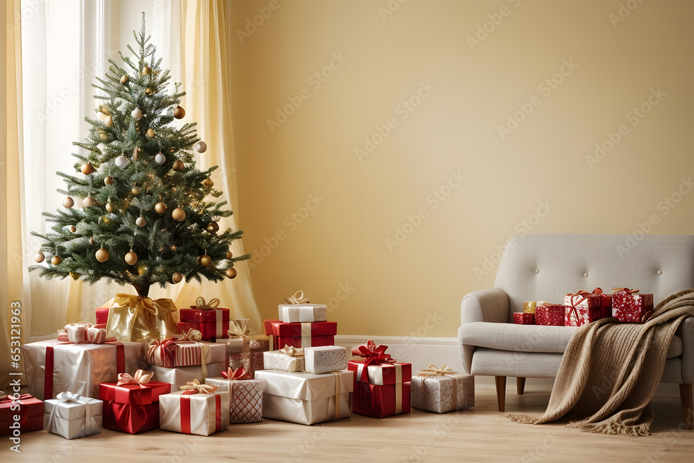 Obraz premium Simple Christmas tree and presents on light yellow solid background. Generative ai.