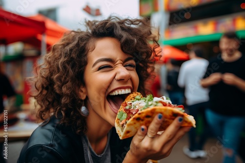 Cheerful young woman with curly hair eating pizza in the street. photo