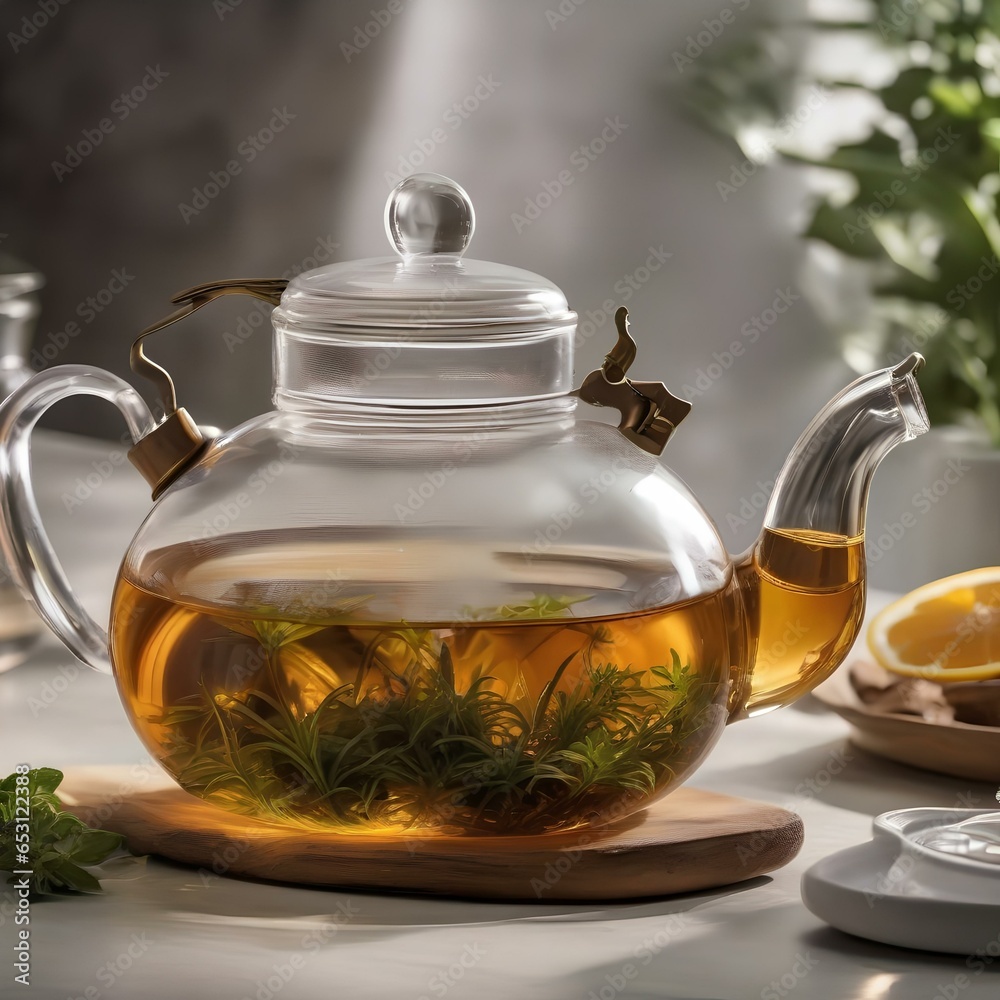 A clear glass teapot brewing a fragrant herbal infusion with steam rising3 A clear glass teapot brewing a fragrant herbal infusion with steam rising3