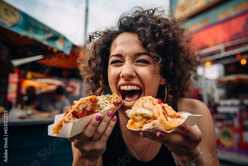 Fototapeta Portrait of a beautiful young woman with curly hair eating fast food outdoors.