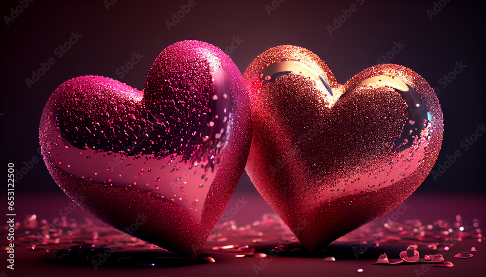 Obraz premium Two pink hearts with nice glittery with Valentine’s day background, Ai generated image