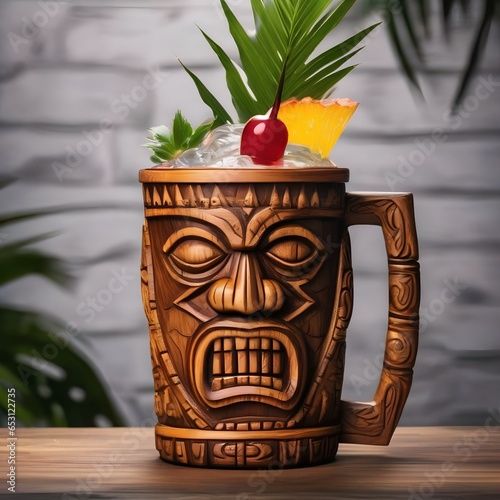 A tropical tiki cocktail served in a carved wooden mug with a flaming garnish2