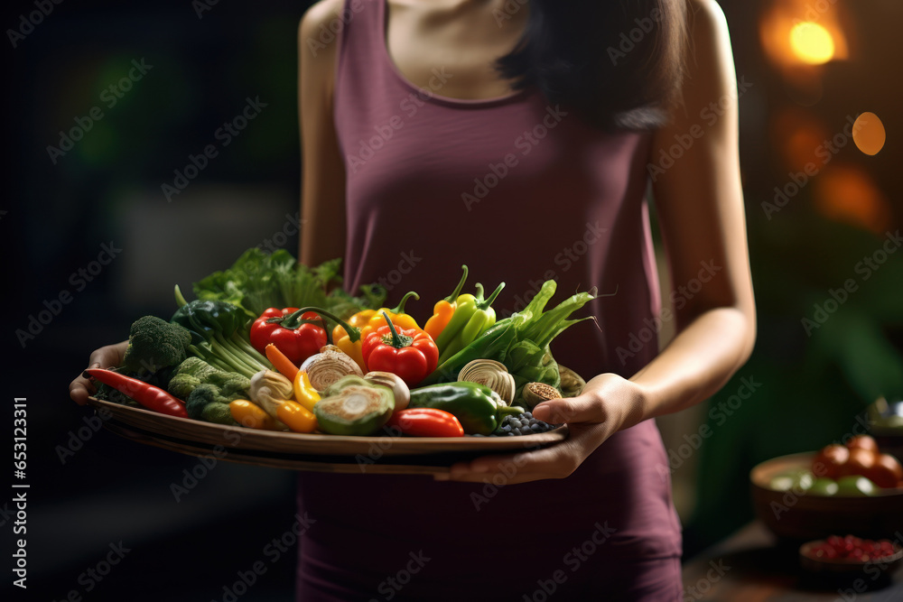 Stunning woman holding a large platter of various vegetables in a kitchen Stunning woman holding a large platter of various vegetables in a kitchen