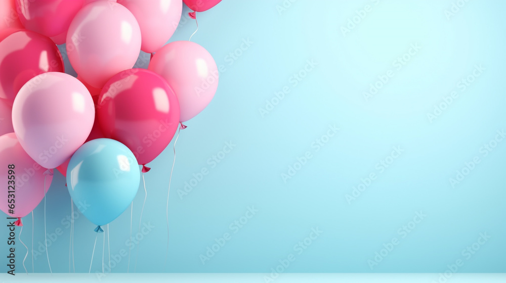 Festive background with balloons on blue blank background, party decoration with copy space area, holiday background