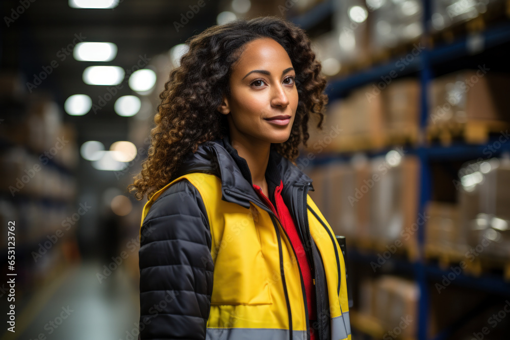 Fototapeta premium Woman posing in modern distribution center. worker in warehouse against the background of shelving.