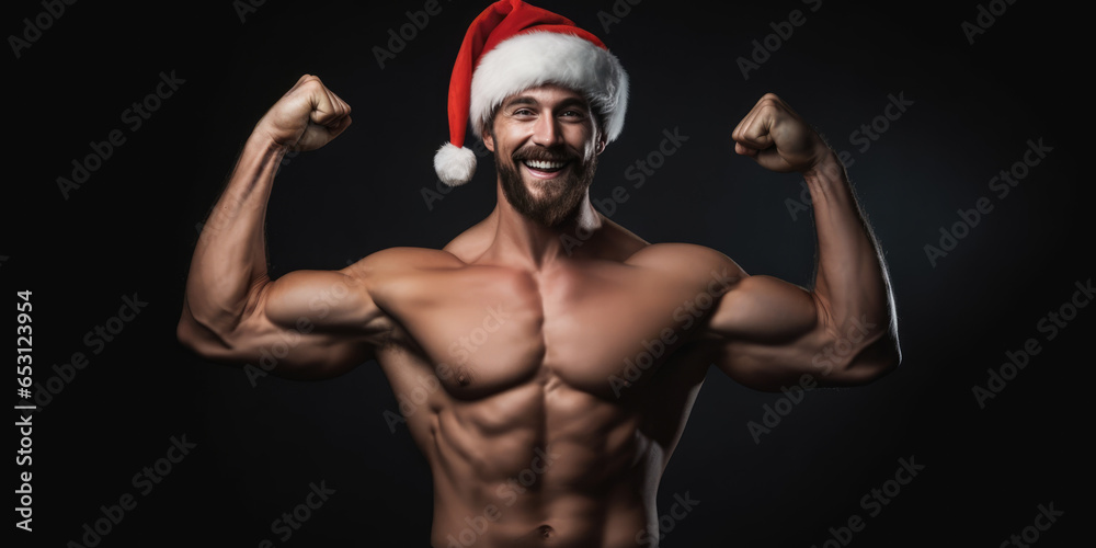 Obraz premium Young Muscular Santa Claus. Sexy Happy Muscular man in Red Santa Hat on a black background. Merry Christmas and Happy New Year. XMas holiday background for banner, wallpaper, greeting card