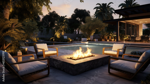 Empty luxury Backyard patio with fireplace and pool