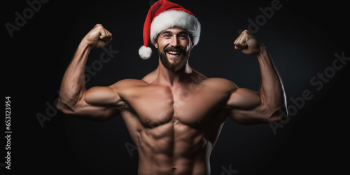 Young Muscular Santa Claus. Sexy Happy Muscular man in Red Santa Hat on a black background. Merry Christmas and Happy New Year. XMas holiday background for banner, wallpaper, greeting card © maxa0109