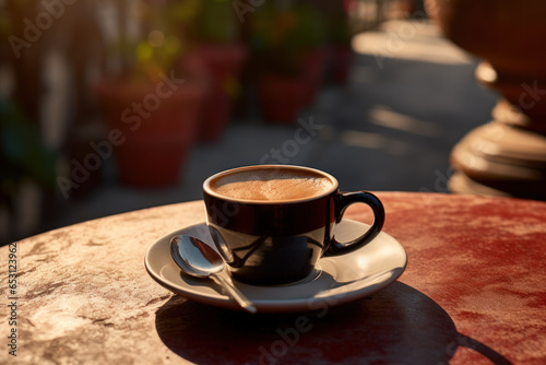 Coffee in glass cup on wooden table in cafe with lighting background