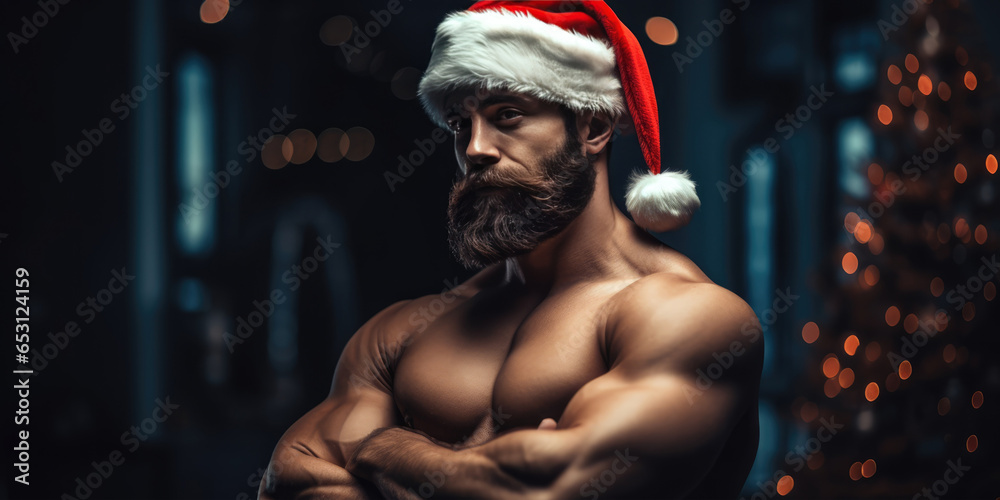 Muscular Santa Claus and Christmas Tree. Sexy Happy Muscular man