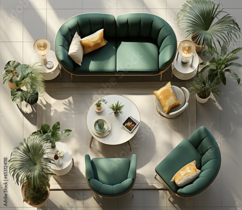 Top view layout of fabulous interior design, living room with modern furniture, armchair, coffee table, plants and lounge area