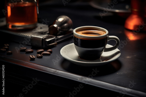 Coffee in glass cup on wooden table in cafe with lighting background