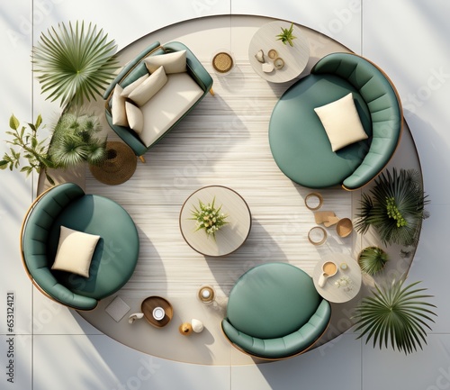 Top view layout of fabulous interior design, living room with modern furniture, armchair, coffee table, plants and lounge area