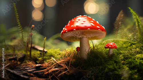 Fly agaric mushroom on green moss