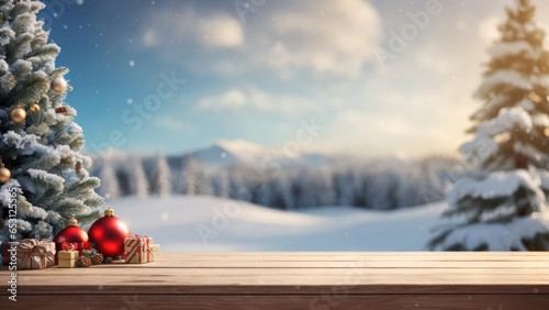 Empty Wooden table in front of winter landscape blurred background with empty space