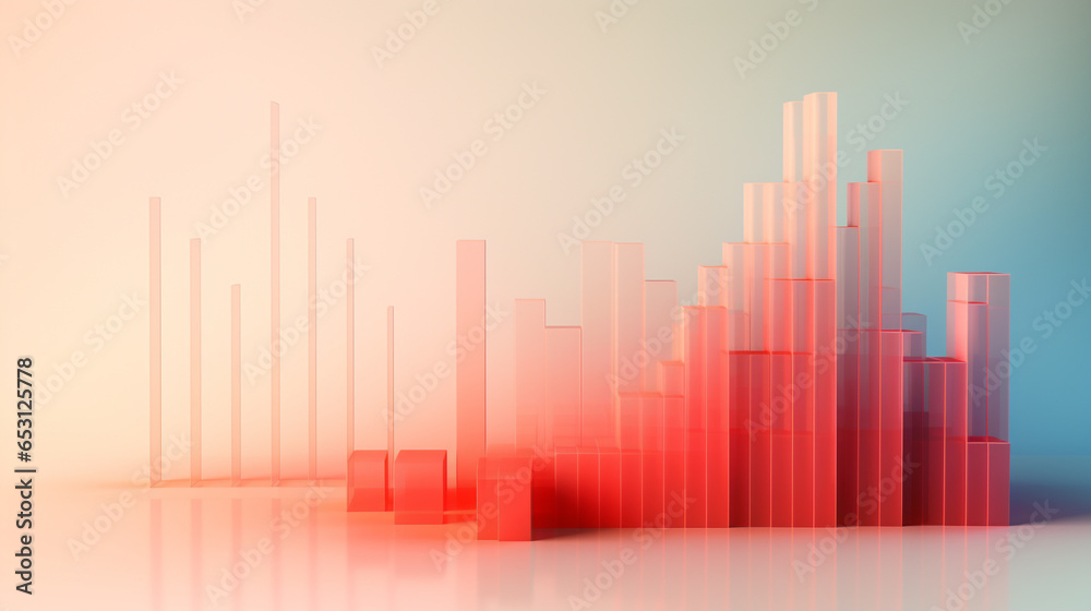 Rising bar chart on red transparent background with copy space. Business economic and money investment concept. Goal and success theme. 3D illustration