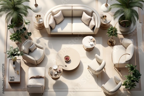 Top view layout of luxurious interior design, living room with modern furniture, armchair, coffee table, plants and lounge area