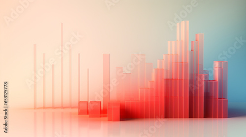 Rising bar chart on red transparent background with copy space. Business economic and money investment concept. Goal and success theme. 3D illustration