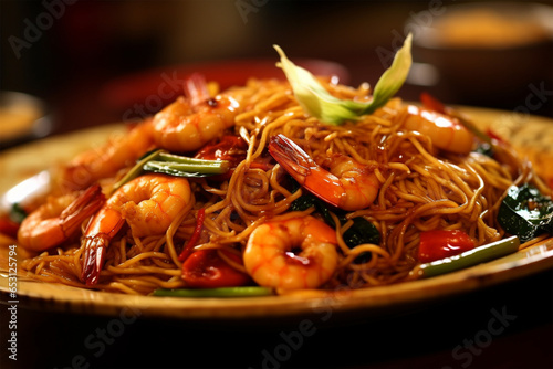 Stir-fried spicy noodles with seafood photo