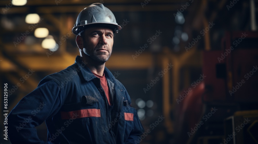 Skilled worker in a jacket and helmet posing in the middle of an industrial plant Skilled worker in a jacket and helmet posing in the middle of an industrial plant