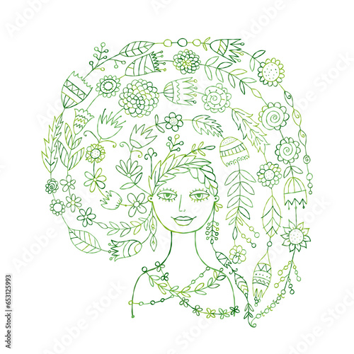 Floral concept art with fairy woman portrait design. Creative vector illustra...