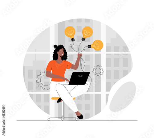 Finding ideas, solutions. Woman with light bulbs, solve complex problem, find answer and creative choice. Illustration with people scene in flat design for website and mobile development.