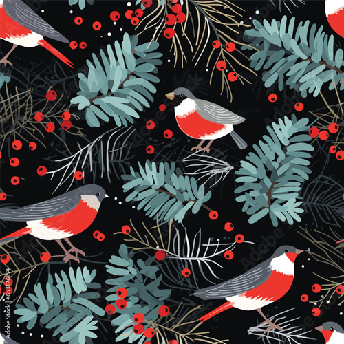 Seamless pattern with winter bullfinches. Design for card, fabric, print, greeting, cloth, poster, clothes, textile. 
