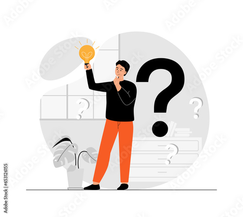 Finding ideas, solutions, brainstorming process. Finding suitable solutions and strategies. Man looking for answers to a questions. Illustration with people scene in flat design for website and mobile